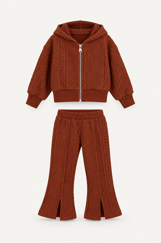 LUMIÈRE CABLE KNIT HOODED SET PINK BROWN
