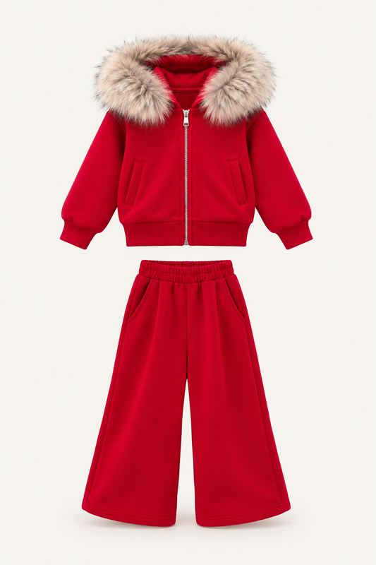 LUMIERE FAUX FUR HOODED TRACKSUIT SET RED