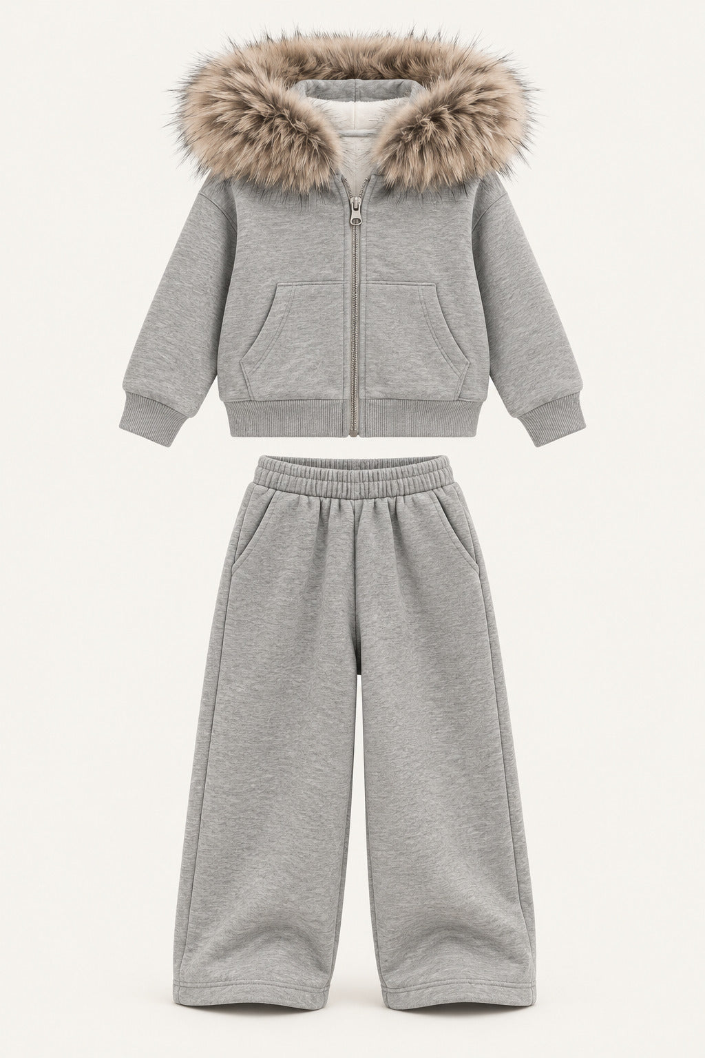 LUMIERE FAUX FUR HOODED TRACKSUIT SET GREY