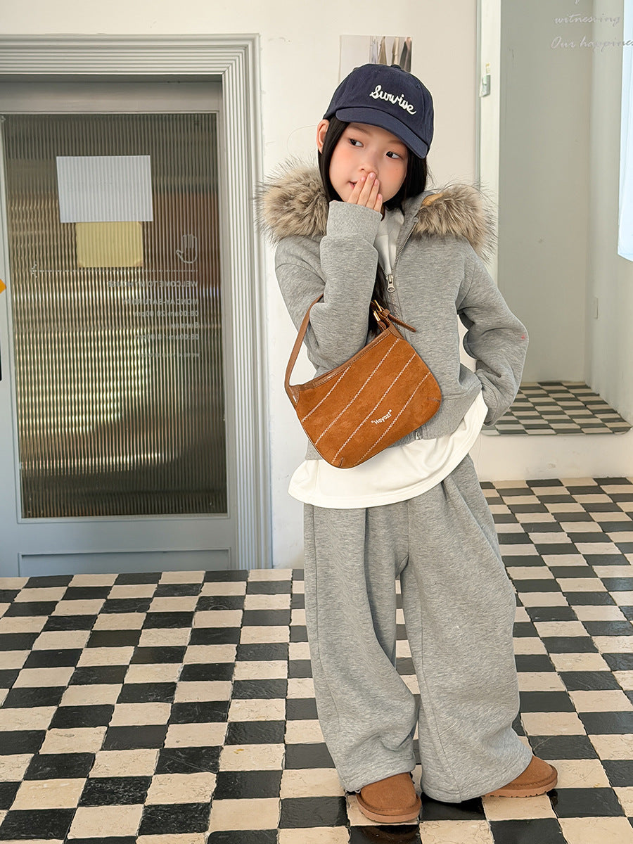 LUMIERE FAUX FUR HOODED TRACKSUIT SET GREY